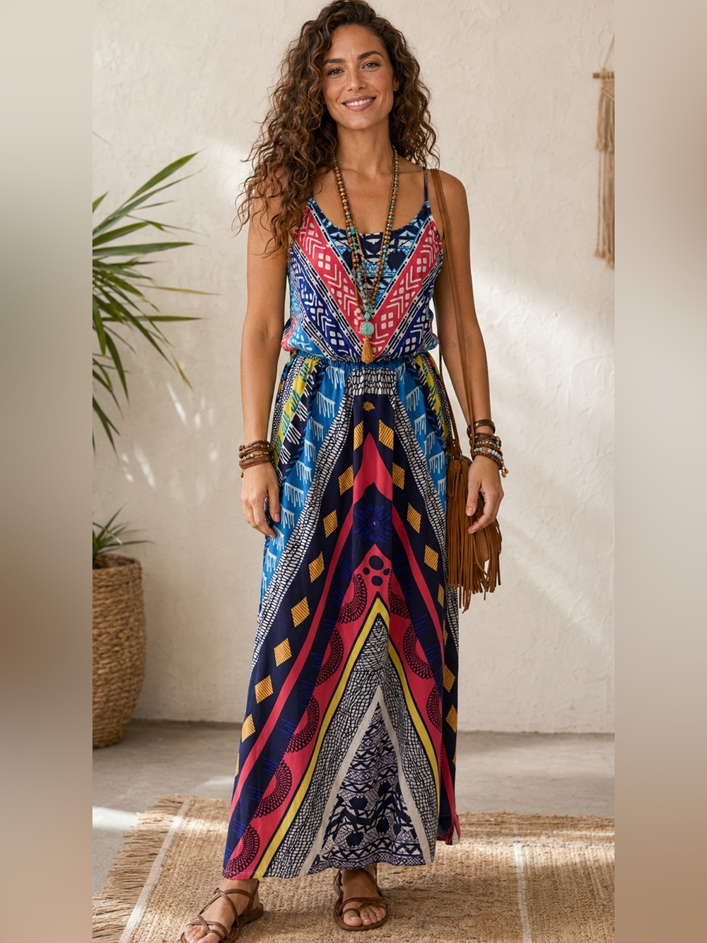 Sweet Wanderer Multicolor Boho Geometric Print Maxi Dress Size Small